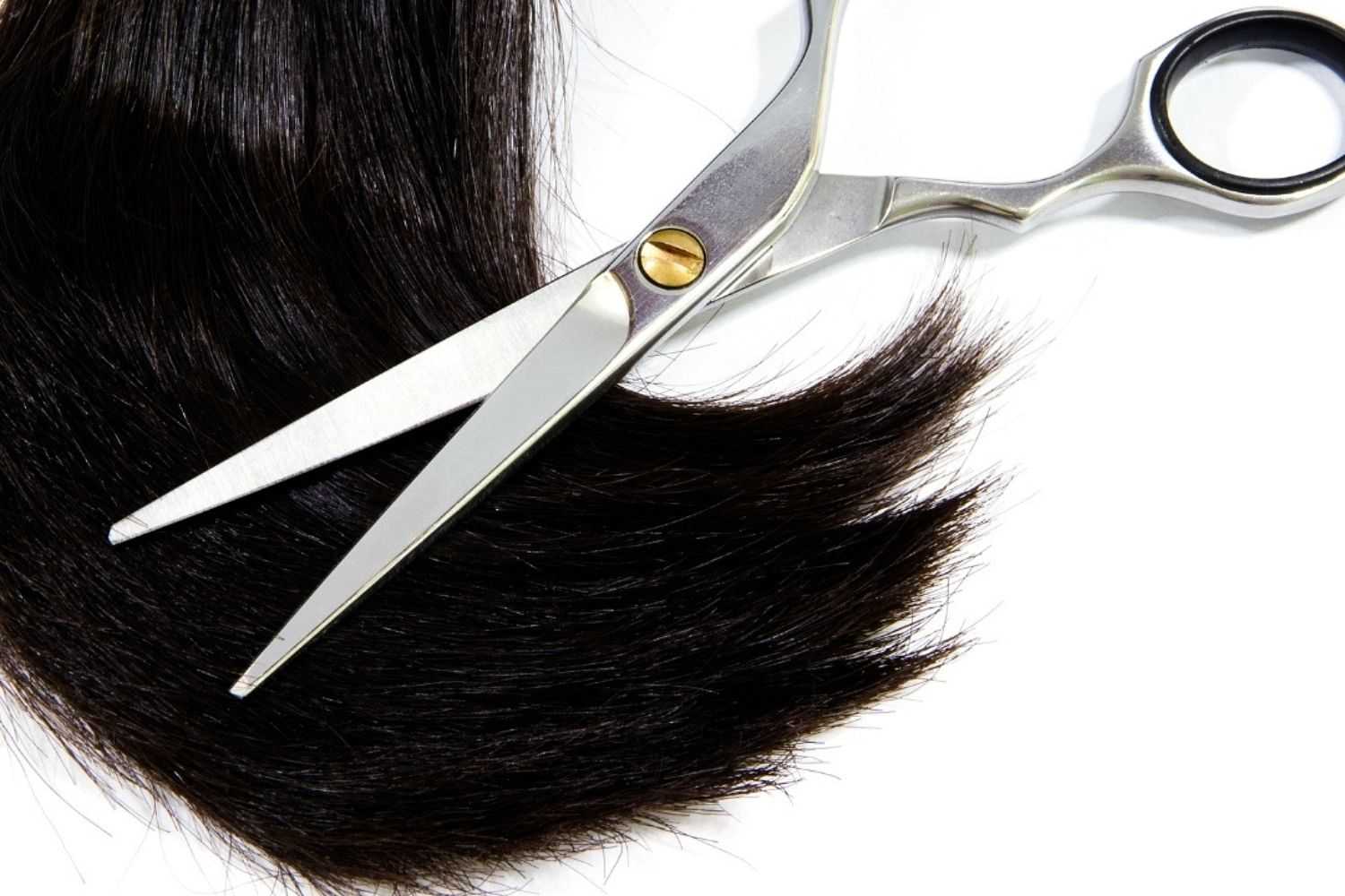 Haircut scene with a close-up of a scissors cutting a lock of dark brown hair.